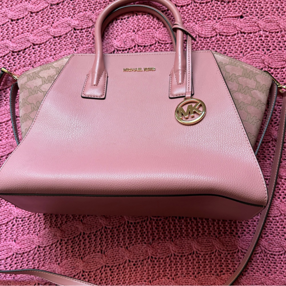 Michael Kors Avril Large Top Zip Satchel Crossbody Bag MK Pink Rose MK Leather